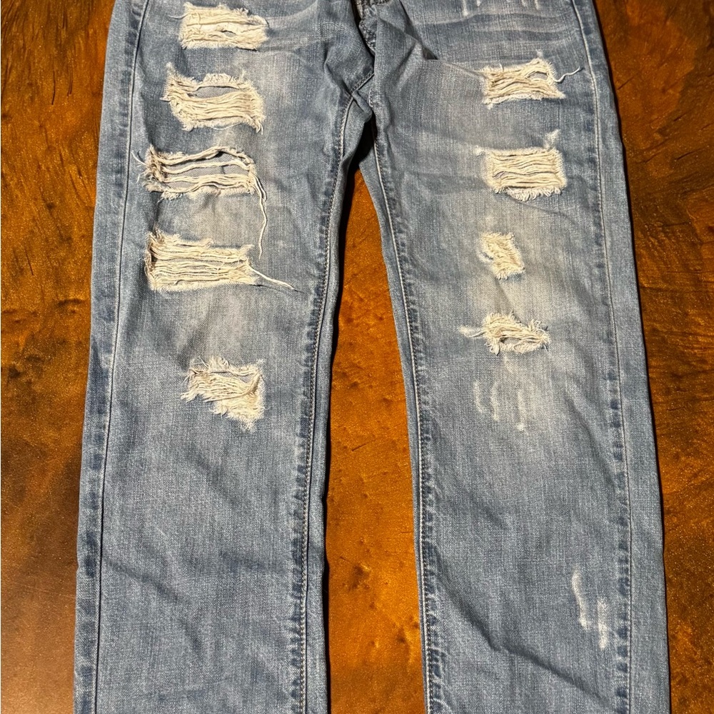 Machine Distressed Blue Straight‎ Jeans
